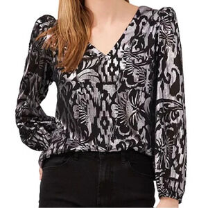 1. State Women's Black Silver Damask V-Neck Puff Sleeve Blouse Size XS